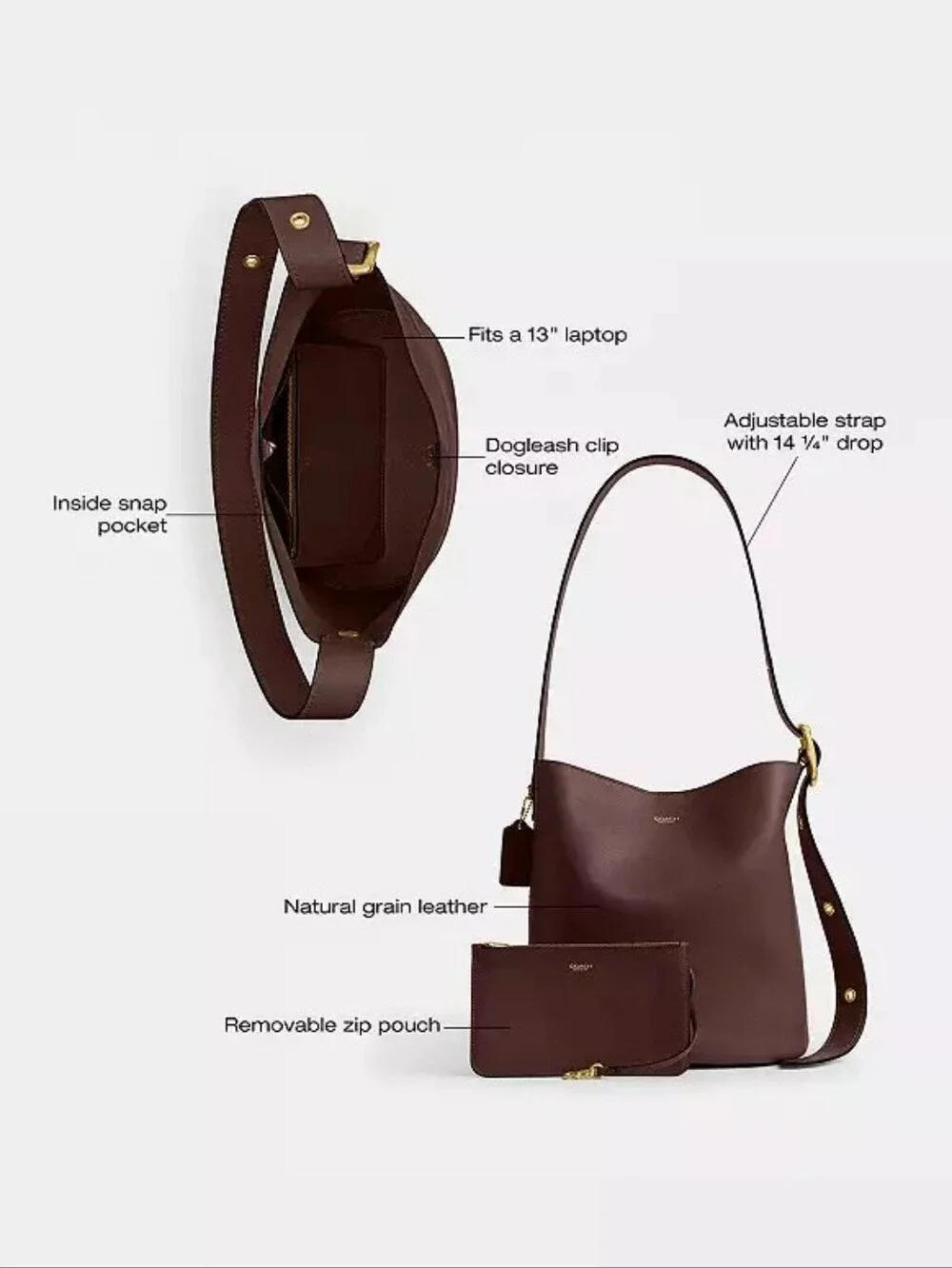 NWT Authentic Coach Bleecker Leather Bucket Bag with Matching Zip Pouch & Dust